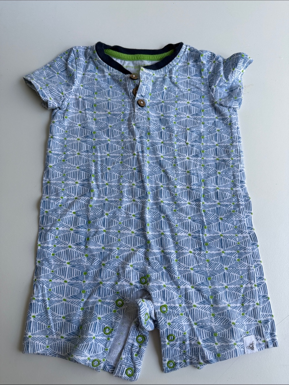 Burts Bees Blue & Green Short-Sleeve Romper 12m